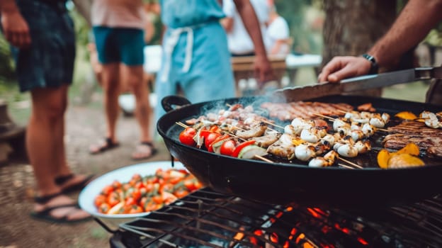 Friends making barbecue and having lunch in the nature.