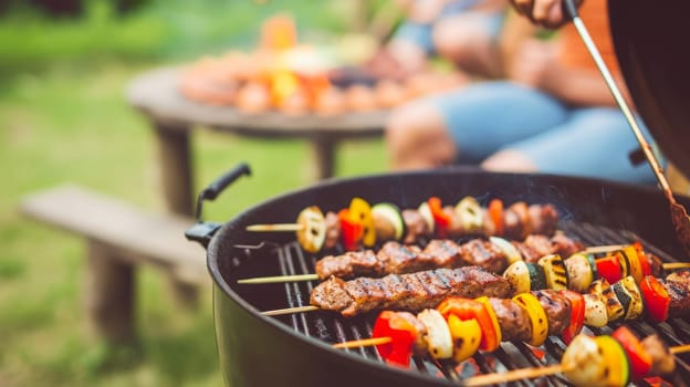 Friends making barbecue and having lunch in the nature.