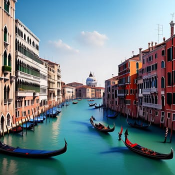 AI-generated view capturing the enchanting allure of Venice's Grand Canal, with a graceful gondola gracefully navigating its shimmering waters. The iconic Rialto Bridge stands tall in the background, adding a touch of architectural magnificence to this picturesque scene in Italy.