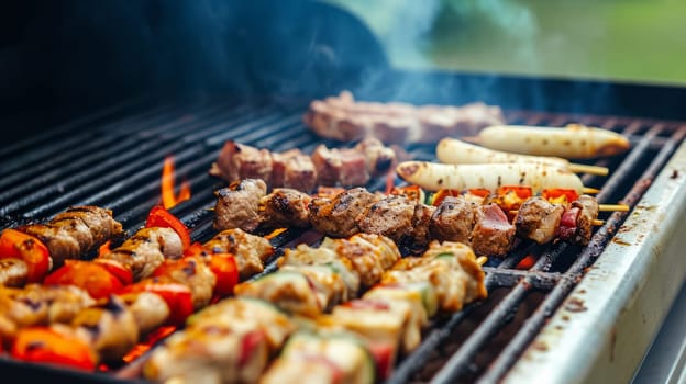 Friends making barbecue and having lunch in the nature.