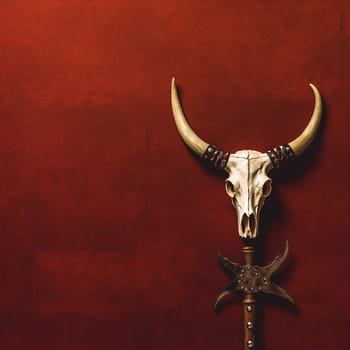 A Mysterious Display of a Horned Skull and Ancient and mysterious with red background