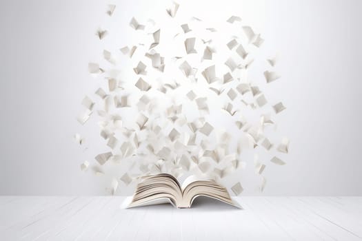 An illustration of a book with flying pages around meaning of thoughts on white background