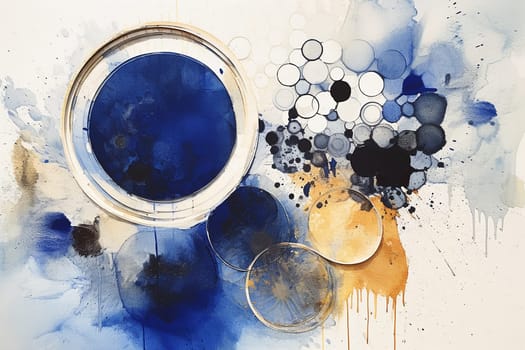 A watercolor abstract blue and gold circle illustration, with white background