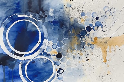 A watercolor abstract blue and gold circle illustration, with white background