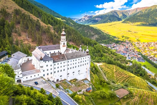 Abbey of Monte Maria in Alpine village of Burgeis view, Trentino Alto Adige region of Italy