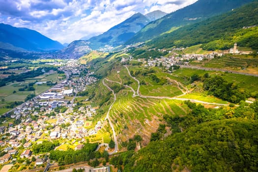 Village of Poggiridenti aerial view, Province of Sondrio, Dolomite Alps, Italy