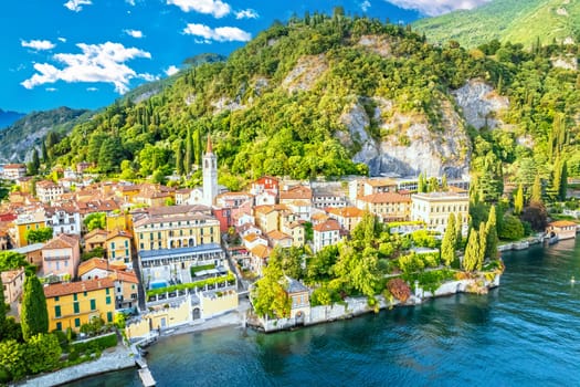 Town of Varenna and Como lake aerial view, Lombardy region of Italy
