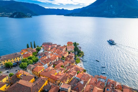 Town of Varenna Como lake waterfront aerial view, Lombardy region of Italy