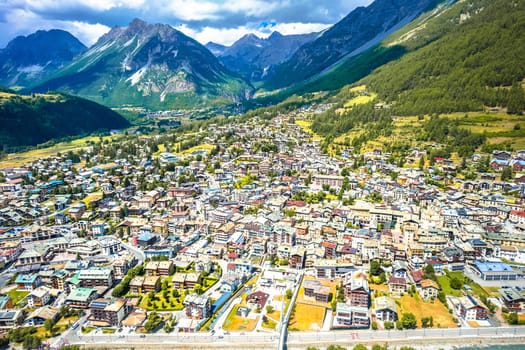 Town of Bormio in Italian Alps aerial view, Dolomites in northern Italy