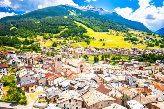 Town of Bormio in Italian Alps aerial view, Dolomites in northern Italy