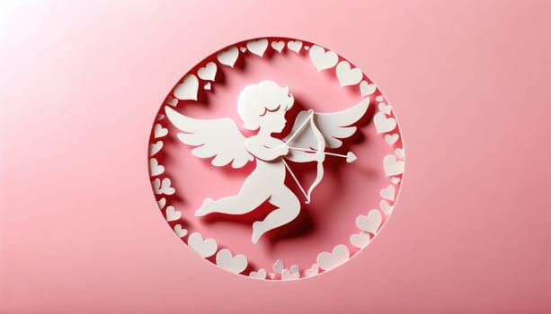 Valentines day cupid with bow and arrow on pink background. Generative AI.