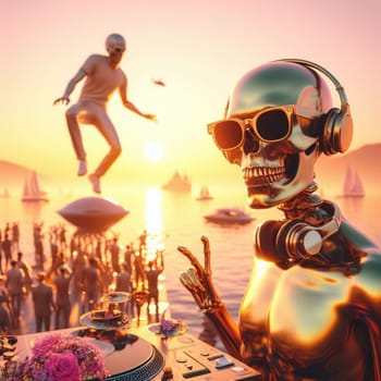 metallic alien dj with human skull, wearing glasses earphone dj of beach party in tropical island generative ai art