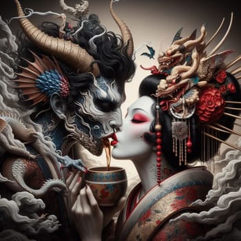 A tatooed woman geisha confronting a fierce male golden dragon snake, surreal art for chinese new year celebration, valentines or muertos halloween darl fantasy sceneAI generated