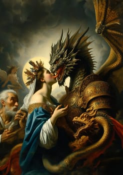 powerful dragon chinese creature tame powerful woman in baroque painting styleai generated