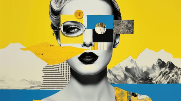 Art collage halftone woman portrait on nature background. Yellow sky and blue sea, mountains and geometric shapes