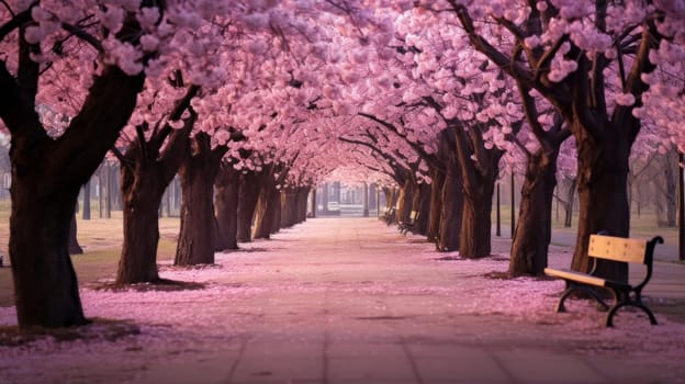 Blooming pink sakura cherry trees in a garden park. Romance and love, tenderness. Abstract natural spring background light rosy dark flowers close up. Colorful artistic image with soft focus and beautiful bokeh in summer spring