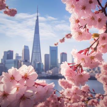 Blooming pink sakura cherry trees against backdrop modern large modern city metropolis. Romance love tenderness. Abstract natural spring background light rosy dark flowers close up. Colorful artistic image soft focus and beautiful bokeh summer spring
