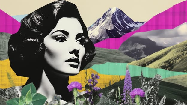 Art collage halftone woman portrait on nature background. Mountains, meadow flowers and cut out paper shapes