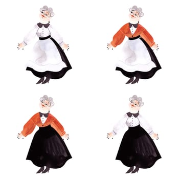 Set of curvy plump smiling cheerful middle-aged woman with gray curls in casual old-fashioned clothes. Watercolor hand drawn isolated illustration on white background. Character