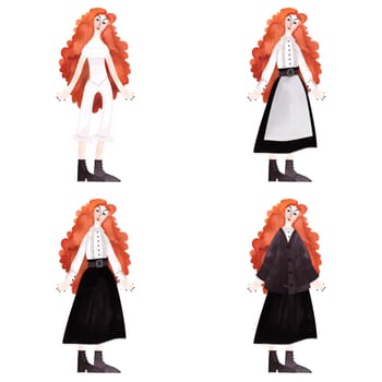 Set of red-haired curly girl with long hair in casual old-fashioned clothes. Watercolor hand drawn isolated illustration on white background. Character.