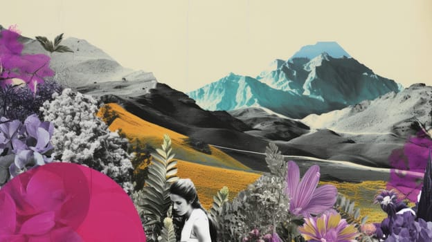 Art collage creative landscape with mountains, cut out flowers and walking woman. Nature surreal background