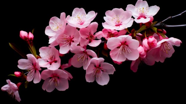 Abstract natural spring background light rosy dark flowers close up. Branch of pink white sakura cherry on a black background. Colorful artistic image with soft focus and beautiful bokeh in summer spring