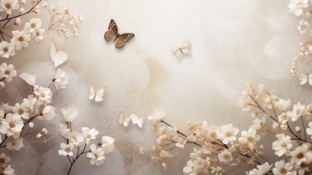 Abstract natural spring background with butterflies and light beige meadow flowers closeup. Colorful artistic image with soft focus and beautiful bokeh in summer spring