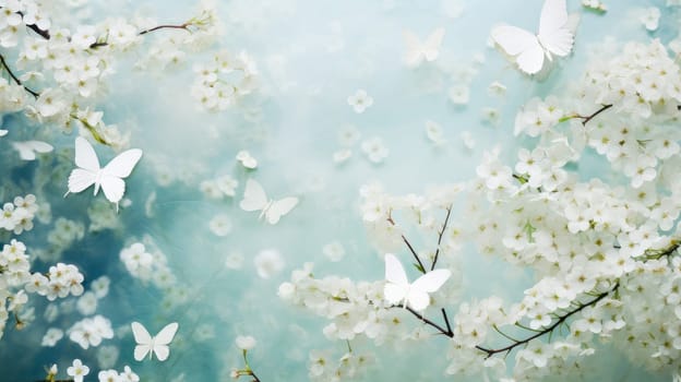 Abstract natural spring background with butterflies and light white meadow flowers closeup. Colorful artistic image with soft focus and beautiful bokeh in summer spring