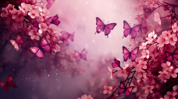 Abstract natural spring background with butterflies and light burgundy meadow flowers close-up. Colorful artistic image with soft focus and beautiful bokeh in summer spring
