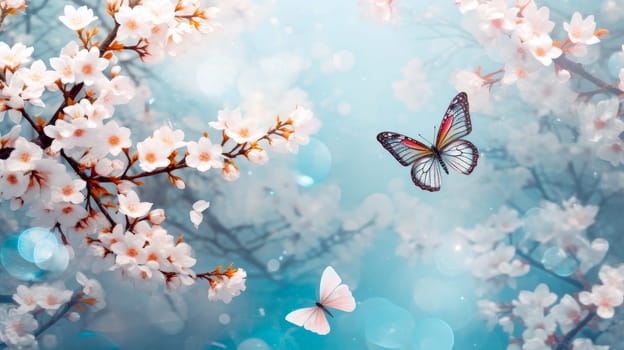 Abstract natural spring background with butterflies and blue, sky blue meadow flowers closeup. Colorful artistic image with soft focus and beautiful bokeh in summer spring