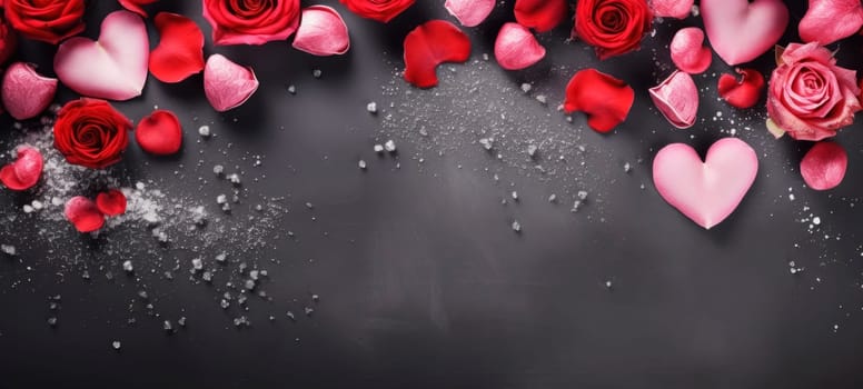 Roses, petals and hearts on a dark background with copy space. Valentine's Day background.