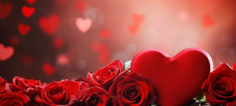 Background with roses and hearts for Valentine's Day. Horizontal banner or greeting card