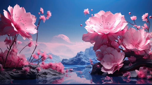 Surreal dreamy landscape giant pink flowers on blue horizon with mountains and water