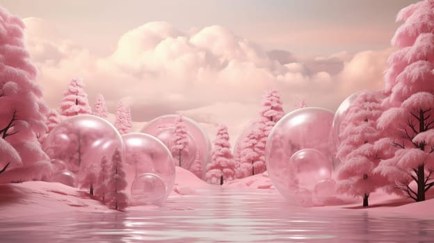 Surreal forest landscape pink trees and soft clouds, giant bubbles and water surface