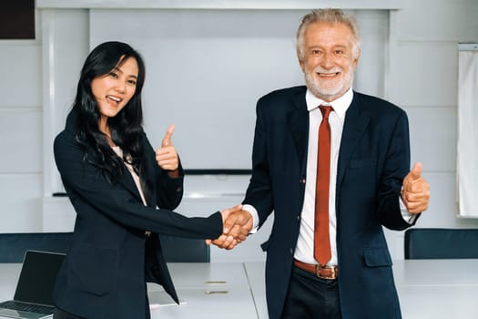 Senior executive manager and young businesswoman working in meeting room in the office. The woman is secretary or translator. International business language translation concept. uds