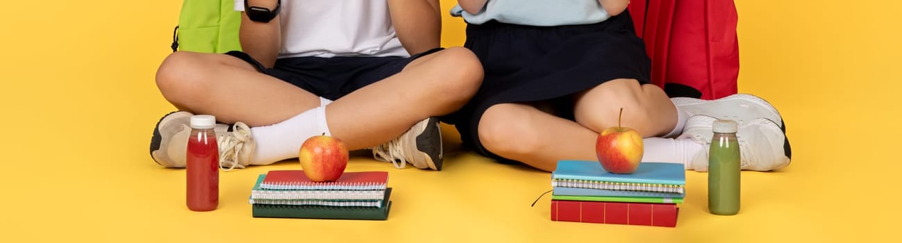 Schoolchildren european sitting cross-legged with healthy snacks and notebooks, showcasing a lifestyle of learning, nutrition, and preparation for education, panorama, cropped