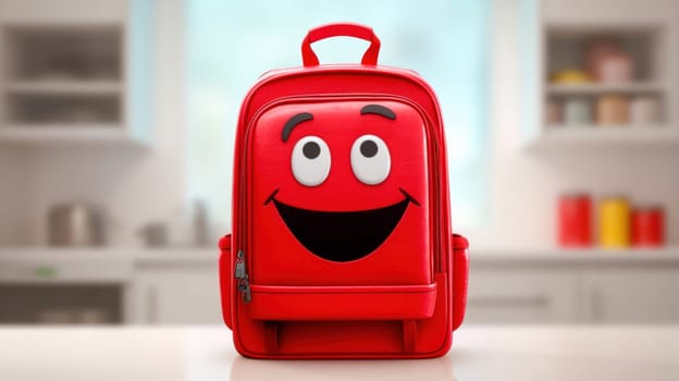 Cute red smiling backpack blurred kitchen background. School lunch box. Back to school concept. Generative Ai