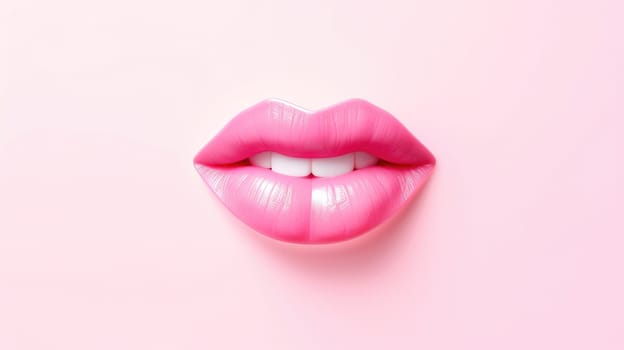 3D realistic smiling glossy pink lips on pink. cosmetic, fashion, and romantic designs. Open mouth with teeth, lipstick promotion