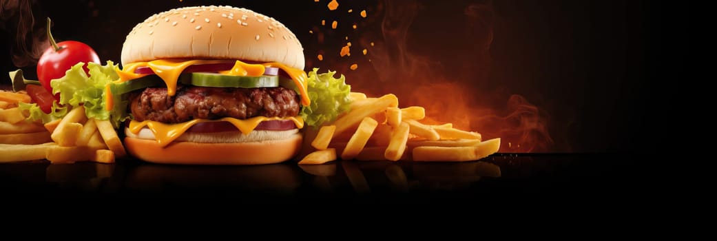 Delicious and tasty juicy burger on dark background. Concept design for wide web banner graphic design, advertising, food photography, food styling, food presentation, branding, poster. Copy Space