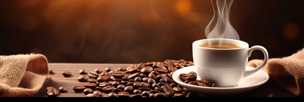 Cup of hot coffee with coffee beans on brown background.Long photo banner for website header design with copy space. Cafe menu concept idea background