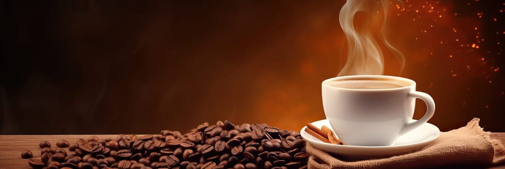 Cup of hot coffee with coffee beans on brown background.Long photo banner for website header design with copy space. Cafe menu concept idea background