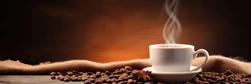 Cup of hot coffee with coffee beans on brown background.Long photo banner for website header design with copy space. Cafe menu concept idea background