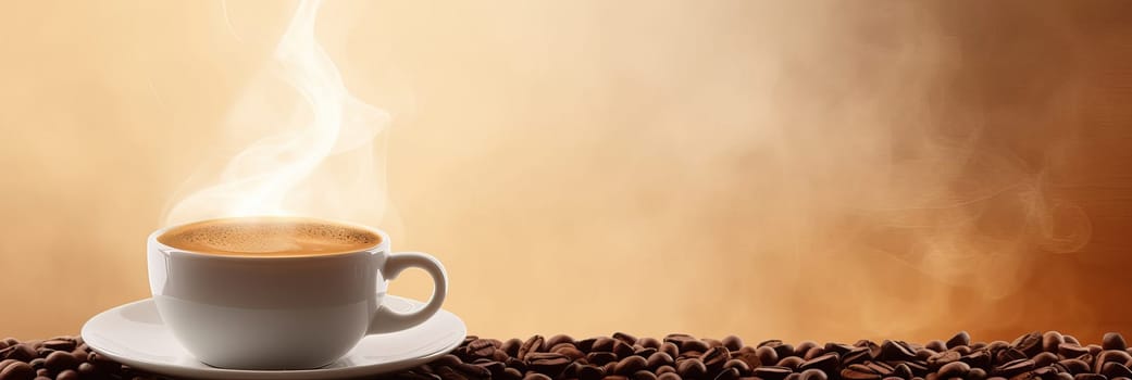 Cup of hot coffee with coffee beans on brown background.Long photo banner for website header design with copy space. Cafe menu concept idea background