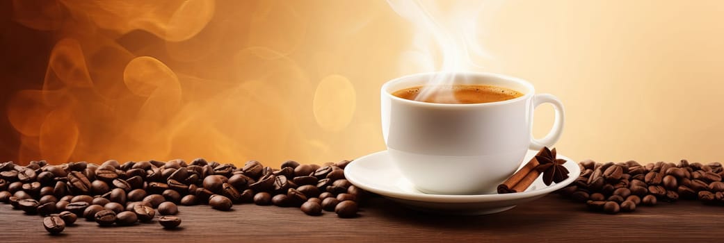 Cup of hot coffee with coffee beans on brown background.Long photo banner for website header design with copy space. Cafe menu concept idea background