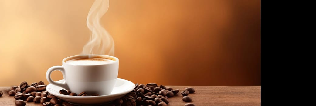 Cup of hot coffee with coffee beans on brown background.Long photo banner for website header design with copy space. Cafe menu concept idea background