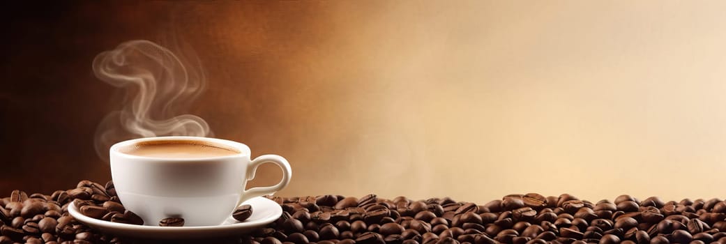 Cup of hot coffee with coffee beans on brown background.Long photo banner for website header design with copy space. Cafe menu concept idea background