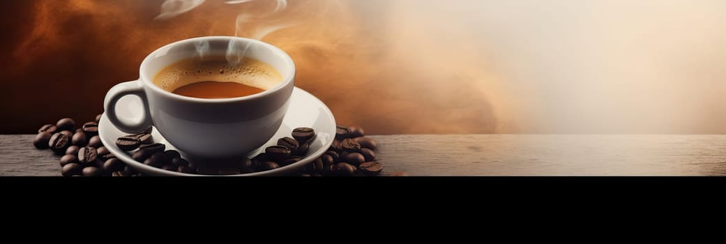 Cup of hot coffee with coffee beans on brown background.Long photo banner for website header design with copy space. Cafe menu concept idea background