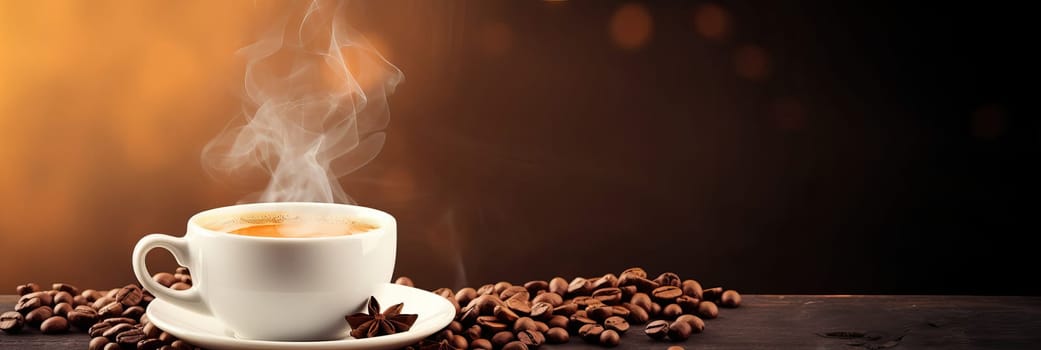 Cup of hot coffee with coffee beans on brown background.Long photo banner for website header design with copy space. Cafe menu concept idea background