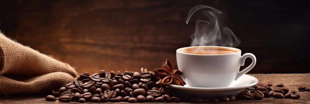 Cup of hot coffee with coffee beans on brown background.Long photo banner for website header design with copy space. Cafe menu concept idea background