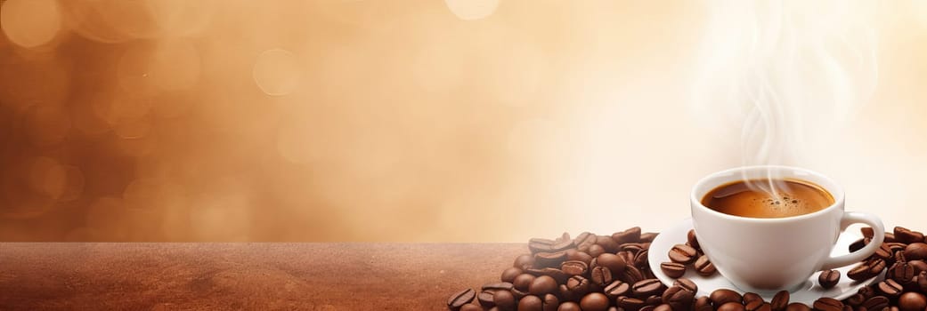 Cup of hot coffee with coffee beans on brown background.Long photo banner for website header design with copy space. Cafe menu concept idea background